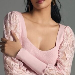 Anthropologie Barbie Pink Lace Sleeve Sweater XXSP